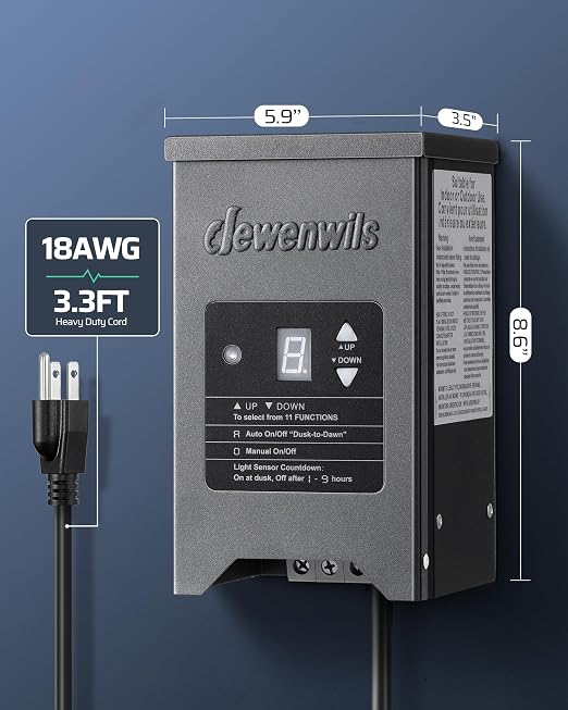 DEWENWILS 200W Weatherproof Low Voltage Landscape Lighting Transformer, 120V to 12/15V AC, Metal Low Voltage Landscape Transformer with Photocell & Timer, Multi Zone Landscape Lighting Transformer
