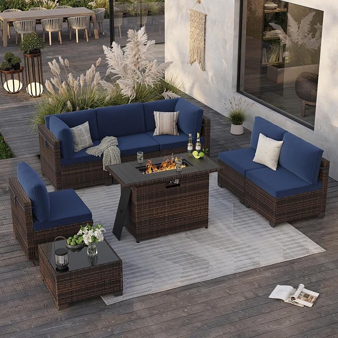 Soohow 8 Piece Patio Furniture Set with 44" Fire Pit Table, Outdoor Sectional Wicker Rattan Conversation Set for Garden, Porch, Backyard - Navy Blue Cushions