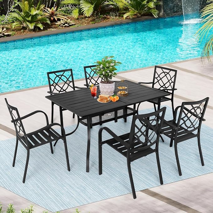 7 Piece Outdoor Patio Dining Set, Metal Patio Furniture Set Outdoor Rectangular Slatted Dining Table with Umbrella Holes & 6 Stackable Backyard Garden Chairs