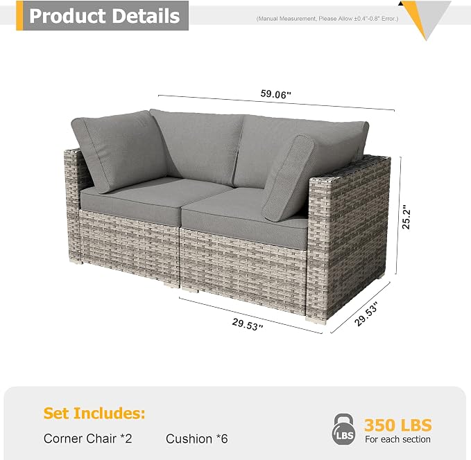 HOOOWOOO Patio Sectional Furniture Set,2 Piece Couch Set with 2 Matching Corner Chairs(Charcoal Gray)