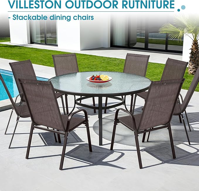 24.4" Wide Outdoor Stackable Chairs Set of 8, Stacking Patio Chairs with Textilene Fabric, Outside Furniture for Garden Backyard Balconie Poolside Deck, Brown