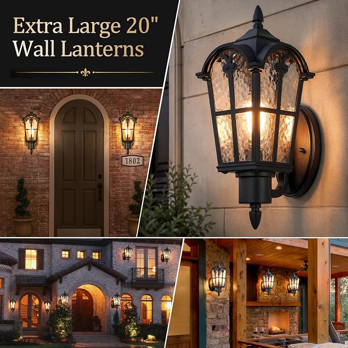 20’’ Extra Large Outdoor Wall Light Fixture, Exterior Wall Lantern Sconce | Waterproof, Rust-resistant, Matte Black, Water Ripple Glass, Quick & Easy Installation, Retro & Traditional