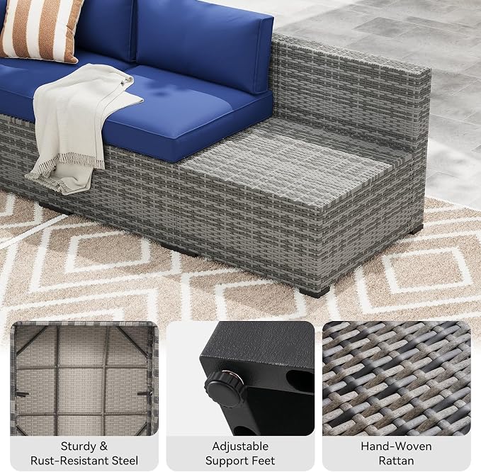 LazySunsets 10-Piece Patio Furniture Set, Wicker Rattan Outdoor Furniture with Thick Cushions, Patio Conversation Sets with Coffee Table, Outdoor Sectional Couch Sofa, Blue