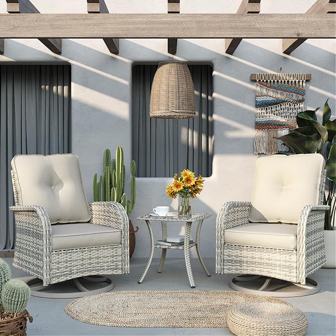 6-Piece Patio Rocking Swivel Chair Outdoor Wicker Rattan Bistro Set with Tempered Glass Side Table, Outdoor Patio Furniture Set for Garden, Deck, and Balcony, White