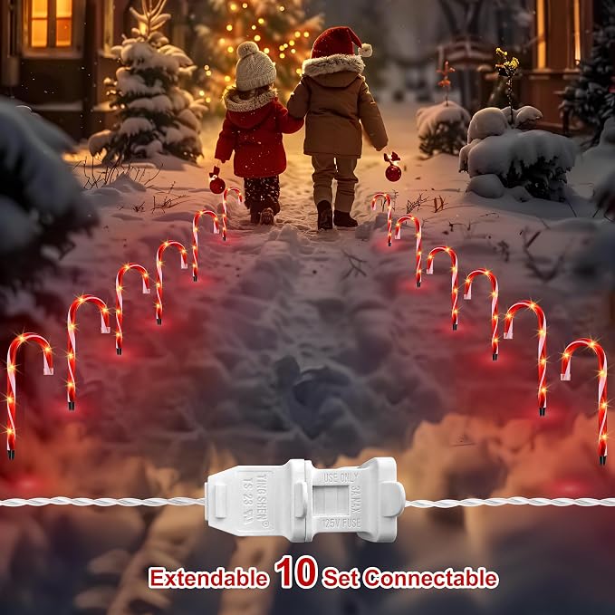 10 Pack Candy Cane Pathway Lights, Light Up Outdoor Christmas Decoration | 10 In Tall, Waterproof, UL Listed, 11ft Total Length, for Driveway, Walkway, Garden, Yard, Indoor & Outdoor Christmas Decor