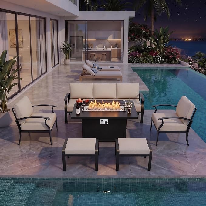 Kurapika Aluminum Patio Furniture Set 5-Seat Modern Metal Outdoor Conversation Sets w/45in Propane Fire Pit Table, w/5.1 Inch Cushion Patio Sectional Sofa with 2 Ottomans, Sand