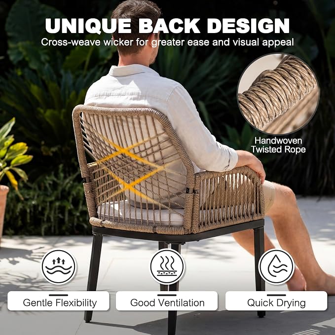 NUU GARDEN 5-Piece Outdoor Dining Set, Round Outdoor Table and Chairs for 4, All Weather Patio Furniture Set with Umbrella Hole, Handwoven Twisted Rattan Outdoor Chairs with Cushions, Brown and Black