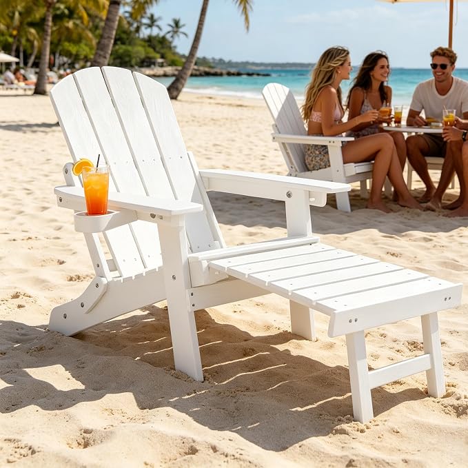 Outdoor Foldable Adirondack Chair with footrest,Patio Recliner,3-Level Adjustable Backrest,Hidden Ottoman,Ergonomic Design,Ideal for Patio,Camping, Pool Use.(White)