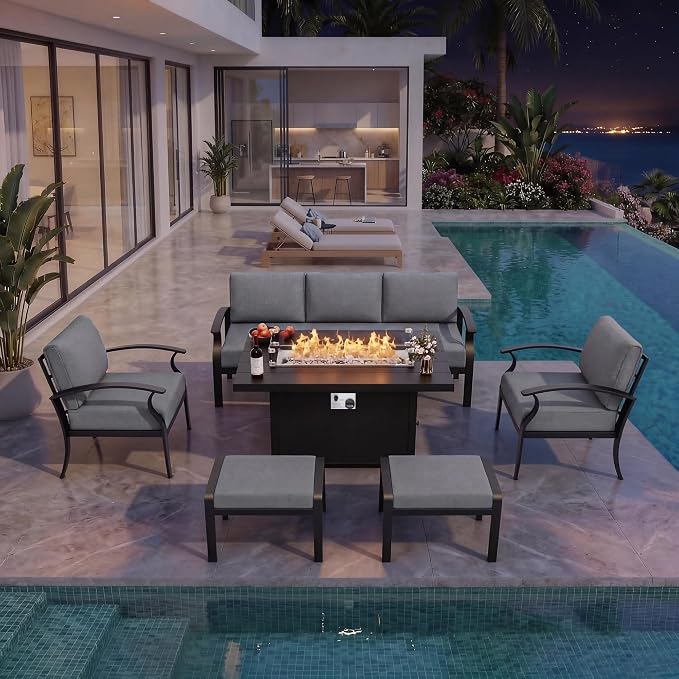 Kurapika Aluminum Patio Furniture Set 5-Seat Modern Metal Outdoor Conversation Sets w/45in Propane Fire Pit Table, w/5.1 Inch Cushion Patio Sectional Sofa with 2 Ottomans, Grey