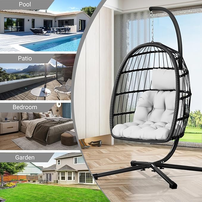 CHABATREE Egg Chair with Stand,Patio Rattan Wicker Hanging Swing Egg Chair Hammock Chair for Bedroom Porch Garden,Thickened Aluminum Alloy Steel Frame and UV Resistant Cushion,350LBS Capacity