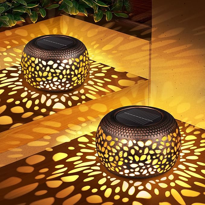 Solar Lanterns Outdoor Waterproof: 2 Pack Red Copper Metal Garden Lights | IP65 Hollow Out Vintage Table Solar Lights, 2 Lighting Modes, 600mAh Battery, Patio Yard Decor, Gardening Gifts for Friends