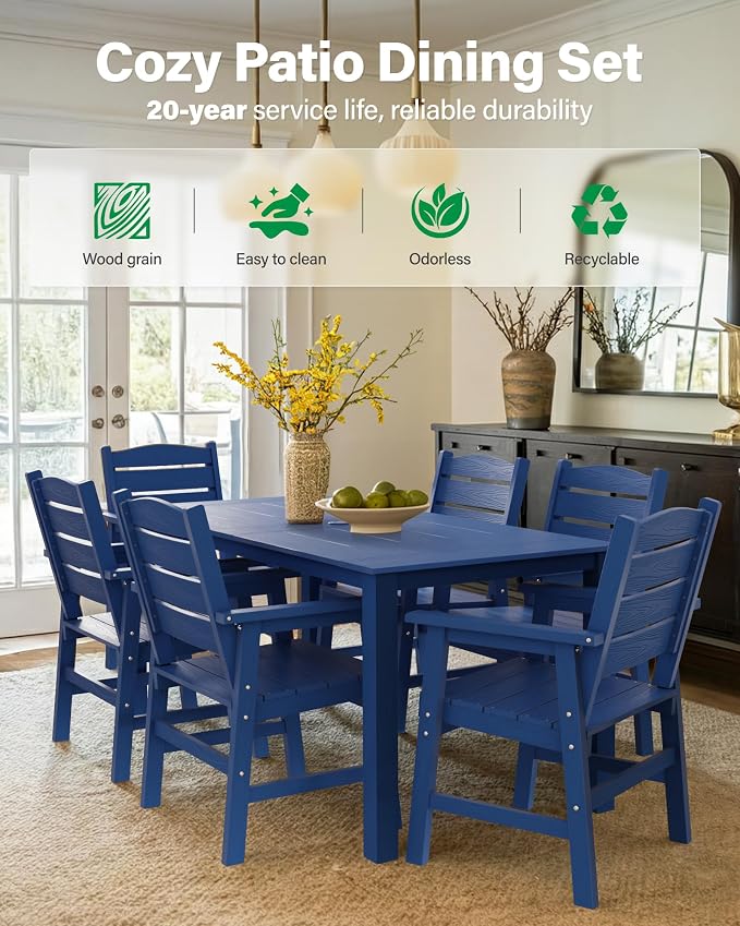 YEFU Outdoor Patio Table HIPS: 67" Rectangle Outdoor Dining Table with Umbrella Hole & Metal Aluminum Frame - All-Weather Patio Dining Table for 6 Person Modern Outside Furniture for Deck Garden Blue