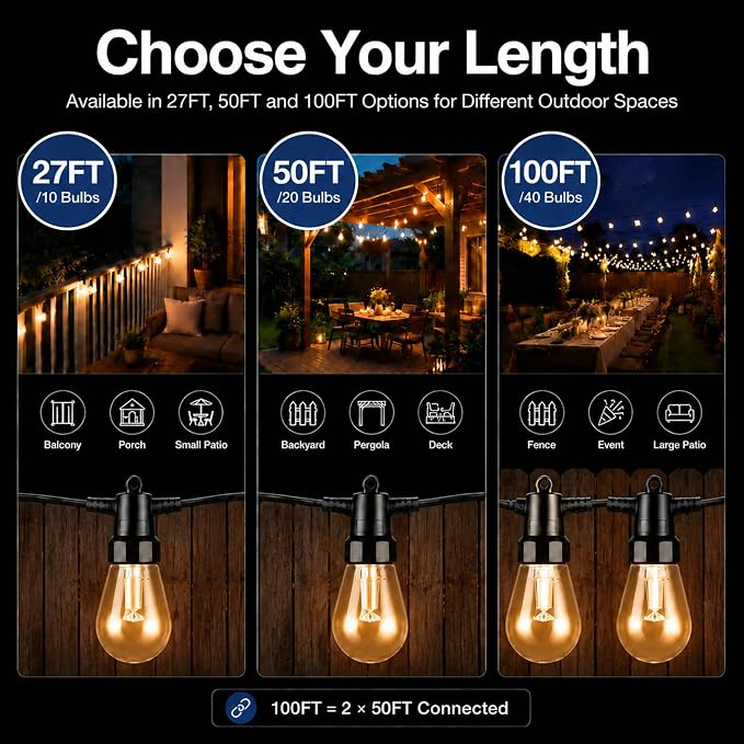 Outdoor String Lights 50FT, RGBW Patio Lights with App & Remote Control | 20 ST14 bulbs, RGBW color modes, app control, remote control, music mode, timer, backyard decor