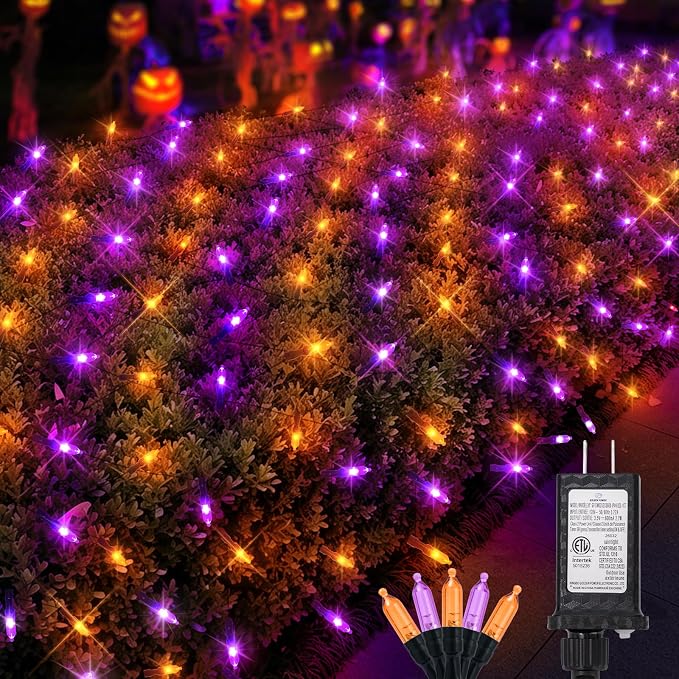 2 Pack 120LED Net Lights Outdoor, 5ft x 6ft Connectable Mesh Lights, 8 Modes 3.5V Low Voltage Waterproof Bush Lights for Trees, Bushes, Wedding, Party Decor (Orange/Purple, 2Pack)