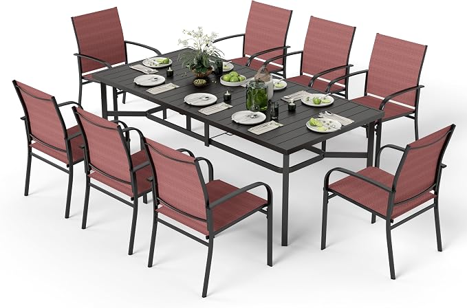 MIXPATIO 9 Pieces Patio Table and Chairs Set, Patio Dining Set for 8, Red Textilene Chairs and 83” Rectangular Patio Dining Table with Umbrella Hole, for Deck Backyard Lawn Poolside