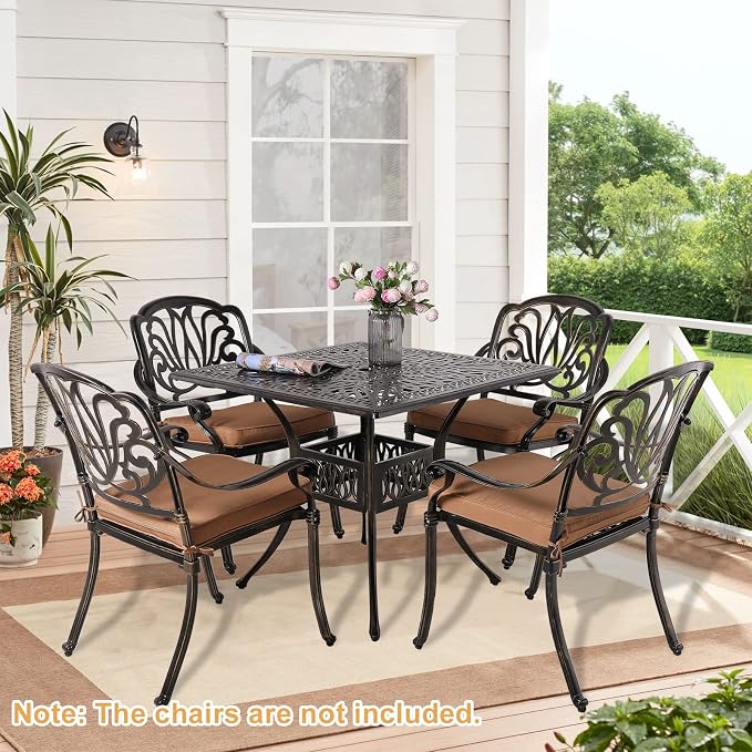 Outdoor Cast Aluminum Patio Table, 35.4” Square Bistro Table with 2.2’’ Umbrella Hole for Patio Furniture Garden Deck Backyard