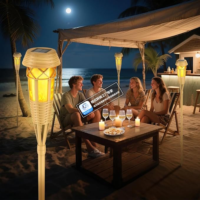 Flickering Flames Solar Powered Lights - Upgraded Solar Torches Waterproof Outdoor Decorative Lighting Auto On/Off, Handmade Bamboo Finish (Yellow-8pack-new)