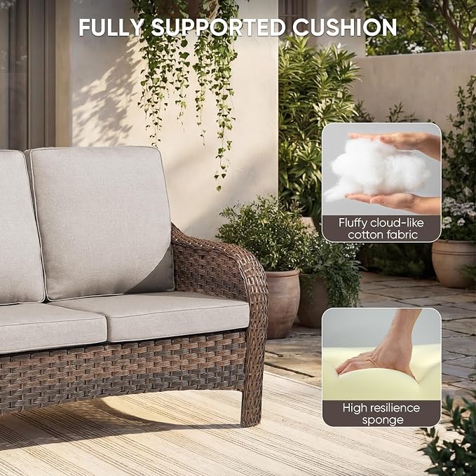 Patio Furniture Set - 6 Pieces All Weather Wicker Outdoor Furniture with 2 Swivel Chairs, 2 Ottomans 1 Sofa and Side Table, Ergonomic Design for Porch, Deck, Balcony, Garden, and Backyard(Beige)