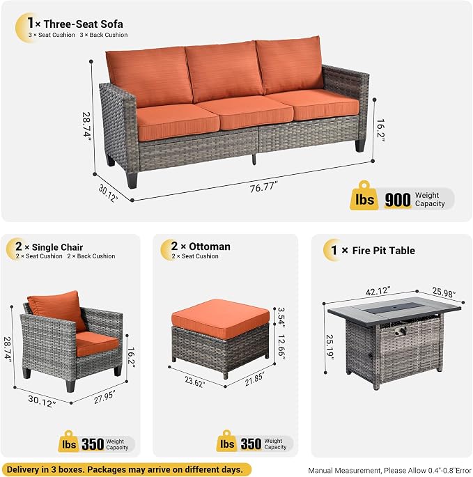 ovios 6 Pieces Patio Furniture Set with 42" Fire Pit Table, Outdoor Wicker Sofa with Comfy Cushions, All Weather High Back Rattan Couch Conversation Set, Orange Red