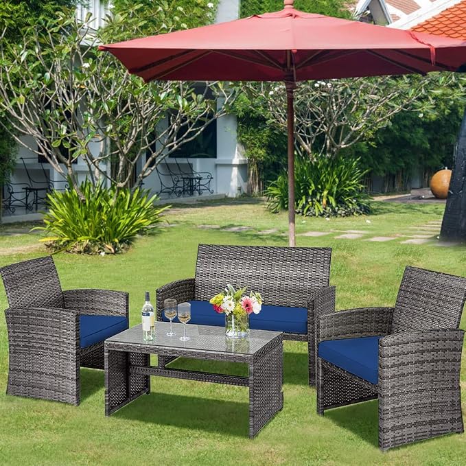 DORTALA 4 Piece Patio Furniture Set, Outdoor Wicker Conversation Set with Soft Cushions & Tempered Glass Coffee Table, Rattan Patio Sofa Bistro Sets for Courtyard Balcony, Navy