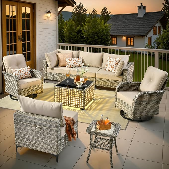 Patio Sectional Outdoor Furniture Set with Swivel Rocking Chairs and Glowing Table,8 Pieces Wicker Conversation Sets L Shaped Couch Out Door Sofa Outside Furniture for Garden Deck Yard Porch,Beige