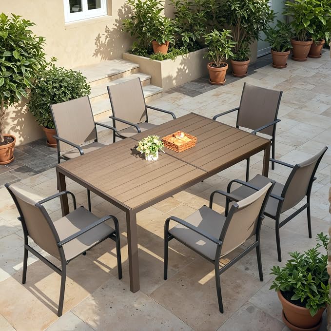 Homall Outdoor Table 59" x 35" Dining Table Set for 6 Wood Texture Patio Table for Deck, Garden, Backyard