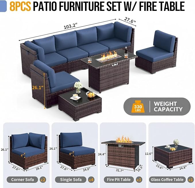 Outdoor Patio Furniture Set with 44" Fire Pit Table 8 Pieces Rattan Patio Sectional Sofa Conversation Set w/55000 BTU Propane Gas Fire Pit, Coffee Table, 2 Waterproof Covers, Blue