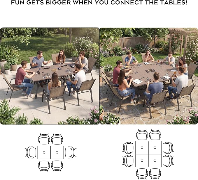 Patio Outdoor Dining Table, Wood-Grain Patio Square Table with Umbrella Hole, All-Weather Metal Dining Table for Party, Lawn & Garden (37.8“ x 37.8”)