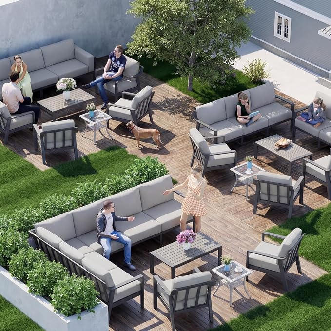 KISLOT Aluminum Outdoor Patio Furniture Set with Coffee Table,4 Seater Patio Conversation Sets with Washable Thick Cushions,Outdoor Sectional Furniture Set for Poolside, Balcony,Gray Aluminum Frame