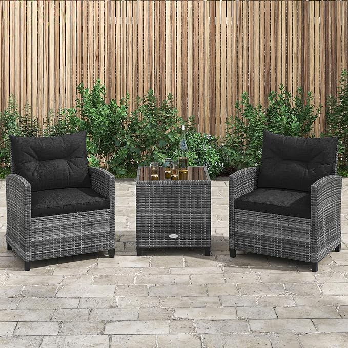 KOTEK 3 Piece Patio Furniture Set, Outdoor PE Rattan Conversation Set with Washable Cushions & Tempered Glass Tabletop, Wicker Chairs and Table Set for Porch, Garden, Balcony (Black)