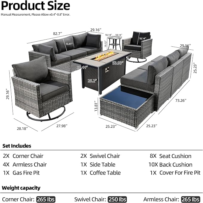 CAODOC 11 Piece Outdoor Patio Furniture Set with 53" Fire Pit Table, Wicker Sectional Conversation Set Whit Swivel Chairs,Modern Outside Sofa for Balcony Backyard(Black)
