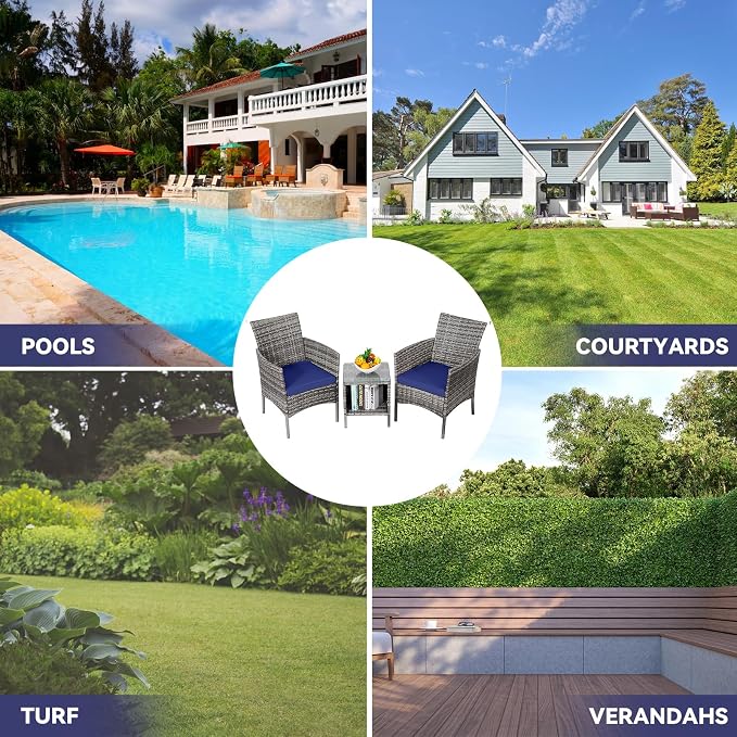 3 Pieces Patio Furniture Sets Outdoor PE Rattan Small Patio Furniture Set with Soft Cushion and Glass Coffee Table with Storage for Garden Backyard Porch Poolside WeatherResistantGrey/Darkblue