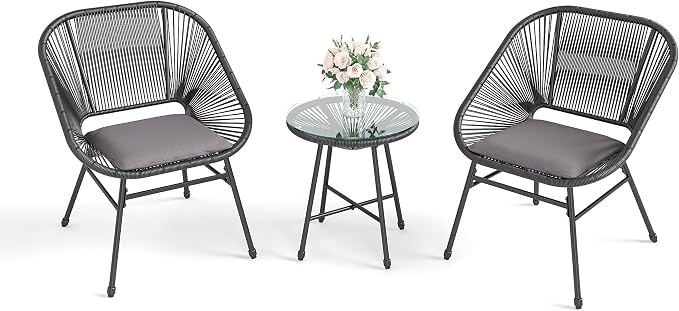 HERA'S HOUSE 3-Piece Patio Furniture Set, Outdoor Wicker Conversation Set w/ 2 Handwoven Cushioned Chairs, Side Coffee Table for Backyard Lawn Porch Poolside Balcony