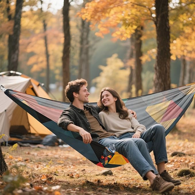 FRMG Colorful Geometric Triangles Camping Hammock 500 lbs Capacity Portable Hammocks with Tree Straps & Attached Carry Bag, Camping Essentials Gear A0900360a