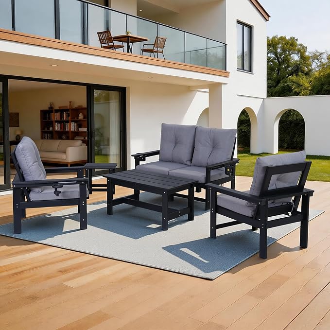 Patio Furniture Set 4 Seat, HDPE All-Weather Outdoor Sectional Conversation Sofa with Coffee Table, Washable Think Cushions for Lawn, Garden, Deck, Porch, Black