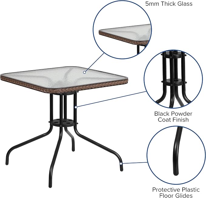 EMMA + OLIVER 28" Square Tempered Glass Metal Table with Dark Brown Rattan Edge