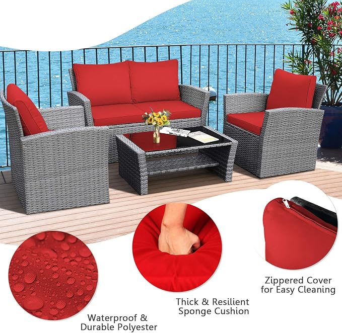 HAPPYGRILL 4 Piece Patio Rattan Furniture Set Outdoor Conversation Set with Cushions and Coffee Table, Sectional Wicker Sofa Set for Garden Porch Balcony Poolside