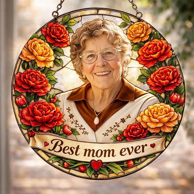 Personalized January Carnation Birth Flower Stained Glass Suncatcher – Custom Photo & Name Window Hanging, Heart Keepsake Gift for Mom, Grandma, Mother’s Day or January Birthday