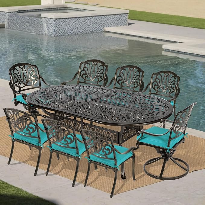 VIVIJASON 9-Piece Outdoor Furniture Dining Set, All-Weather Cast Aluminum Patio Conversation Set, Include 6 Stationary Chairs, 2 Swivel Dining Chairs, Oval Table with Umbrella Hole, Ocean Blue Cushion