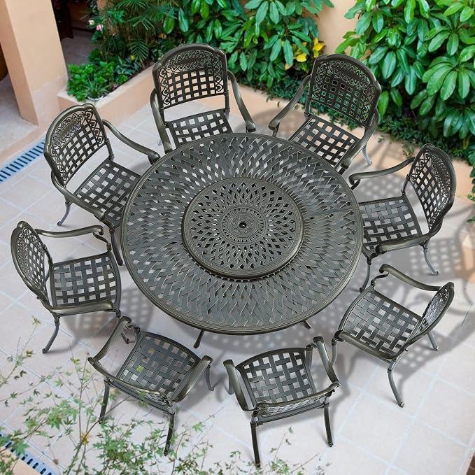 VIVIJASON 9-Piece Outdoor Furniture Dining Set, Rust-Free Cast Aluminum Patio Conversation Set, Include 8 Chairs & 61" Round Dining Table with 31" Lazy Susan, Umbrella Hole for Lawn Garden