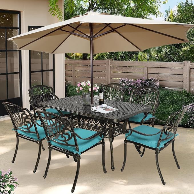 7-Piece Outdoor Patio Dining Set, 60” Rectangular Cast Aluminum Dining Table with Umbrella Hole and 6 Outdoor Dining Cushioned Chairs, Patio Funiture Set for Backyard, Patio, Garden, Blue