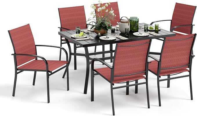 MIXPATIO Patio Dining Set 7 Piece Outdoor Furniture Set with Metal Patio Dining Table with Umbrella Hole for Deck Garden Backyard Lawn, Red