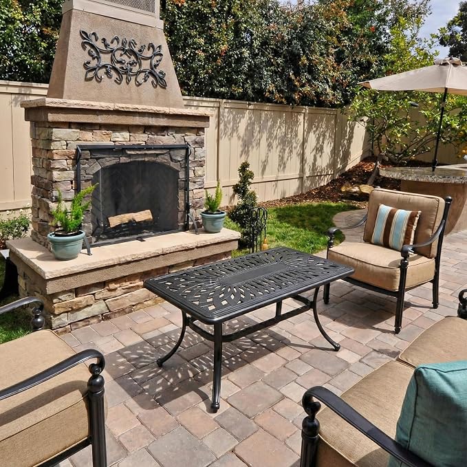 VIVIJASON Cast Aluminum Outdoor Coffee Table, 42 x 21 Inch Rectangular Patio Conversation Table with Lattice Top, Rust-Resistant All-Weather Center Table for Deck, Backyard, Porch, Antique Bronze