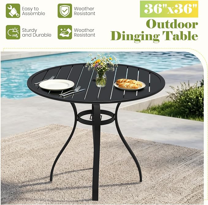36" Outdoor Bistro Table, Round Metal Patio Table with Umbrella Hole, Rust-Resistant Steel Slat Top Coffee Table for Garden, Balcony, Deck and Backyard, Black