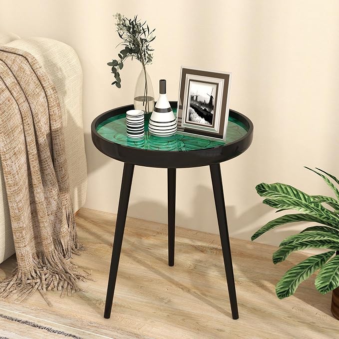 Giantex Outdoor Side Table, Round End Table with Epoxy Resin Finish, Sea Shell Decoration, Mahogany Wood Frame, Tray Top, Patio Side Table for Living Room, Pool, Yard, Porch (Green, 16” x 16” x 19.5”)