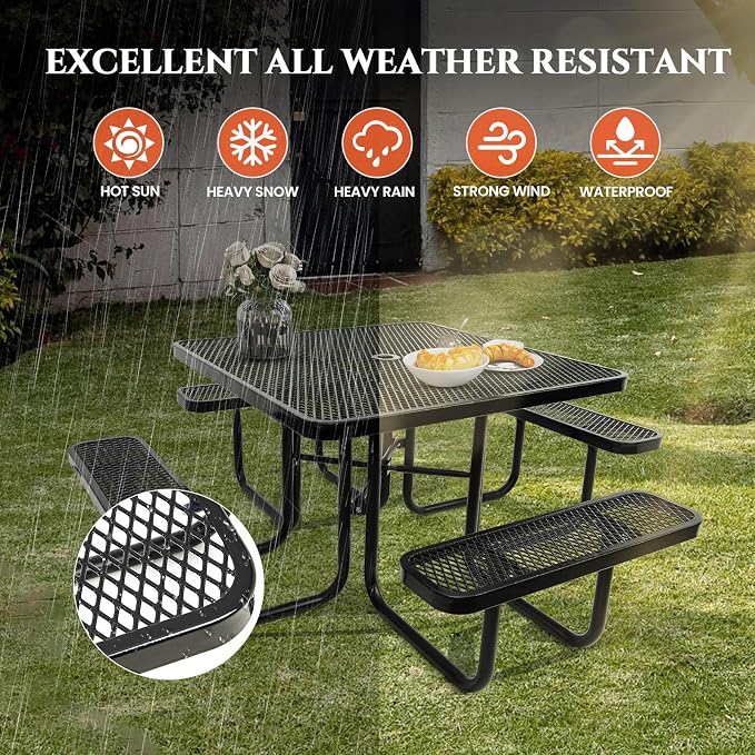 Ceridwen Heavy Duty Picnic Table with 4 Benches, Expanded Metal Steel Mesh Outdoor Patio Dining Table Bench Set with Umbrella Hole,Outdoor Patio Dining Table for Garden (Square, Black, 46FT)