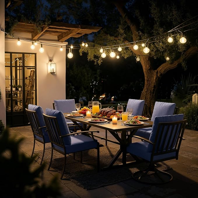 ALAULM 7-Piece Patio Dining Set,Outdoor Metal Dining Set with 2 Swivel Chairs & Rectangle Table with 1.5 Umbrella Hole, Patio Dining Table and Chairs for Backyard,Navy