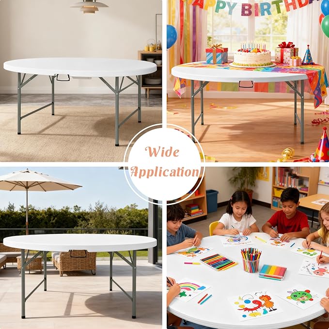 6 FT Round Folding Tables with Carrying Handle 72 inch Heavy Duty Portable Plastic Commercial Table Steel Legs for Party, Dining, Wedding, Events, Picnic Indoor, Outdoor (White,1 Pack)