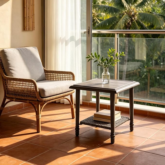 Wicker Outdoor Side Table, All Weather Rattan End Table | 20" Square Patio coffee Table, 2-Tier Storage Side Table for Porch, Balcony, Garden, Living Room