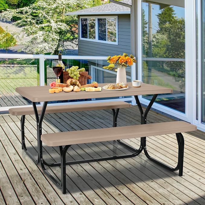 Picnic Table, Camping Portable Picnic Table Bench Set for 4 Persons, Heavy-Duty Steel Frame & Resin Tabletop, All Weather Outdoor Picnic Tables for Patio Travel BBQ Party Garden (Brown)